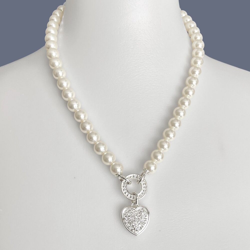 Avon Heart Pendant Necklace Silver Tone Pave Rhinestone Imitation Pearl Gloria